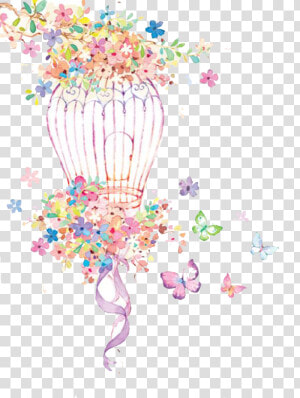 Drawing Wallpapers Watercolor   Birdcage With Flowers Watercolour  HD Png Download