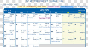 July 2019 Calendar India   Calendar 2019 July Holiday  HD Png Download