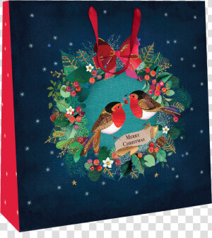 Large Robins In Wreath 35cm X 35cm Christmas Gift Bag   Greeting Card  HD Png Download