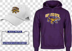 Sf State Branded Hat  License Plate And Purple Hoodie   Nassau Community College Hoodie  HD Png Download