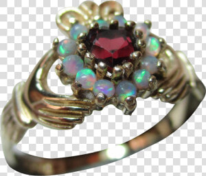 Pretty Vintage 9ct Solid Gold Opal Garnet Heart Shaped   Claddagh With Garnet And Opal  HD Png Download