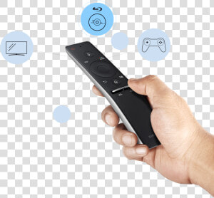 A Hand Holds A Remote Control And Function Icons Are   Samsung Tv Remote Backlit  HD Png Download