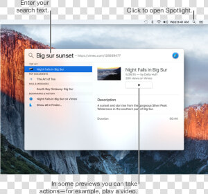 Spotlight Menu Showing Search Example And A Video Result   Yosemite National Park  Yosemite Valley  HD Png Download