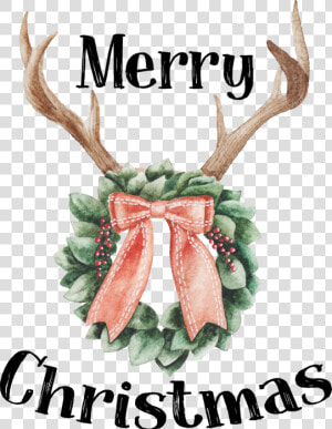 Merry Christmas Deer Antlers And Wreath   Christmas Watercolor Deer Antlers  HD Png Download