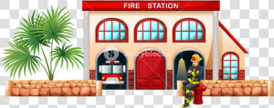 Fire Station Illustration Of Fireman Outside The On   Fire Station Building Vector  HD Png Download