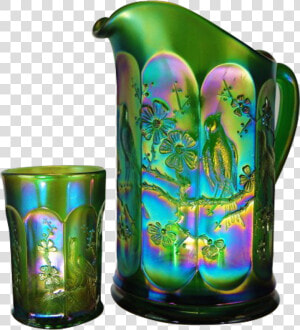 Northwood Singing Birds Emerald Green Water Pitcher   Carnival Glass Aster Tumblers  HD Png Download