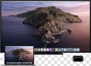 A Mac  An Hdtv  And Apple Tv Set Up For Airplay Mirroring   Mac Os Catalina Wallpaper 4k  HD Png Download