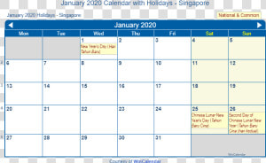 January 2020 Calendar With Singapore Holidays   Feriado De Noviembre 2019  HD Png Download