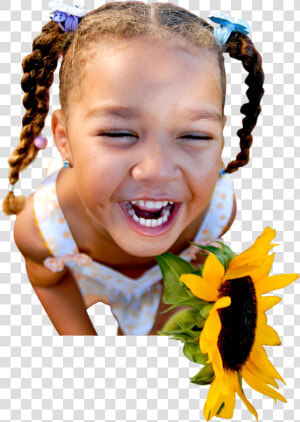 Happy Smiling Young Girl Holding A Sunflower   Child Laughing  HD Png Download