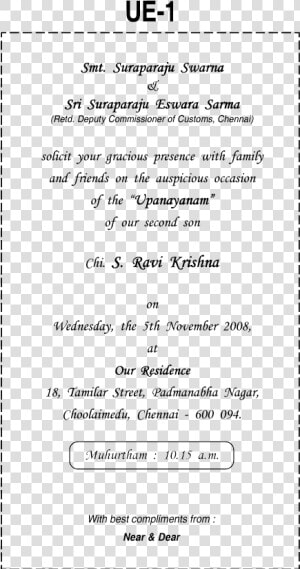 Thread Ceremony Invitation Card Matter In English Examples   Upanayanam Invitation Cards  HD Png Download