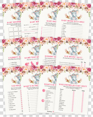 Elephant Floral Boho Baby Shower Game Pack   Boho Elephant Baby Shower  HD Png Download