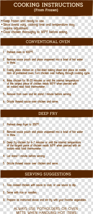 Cooking Instructions   Kahiki General Tso  39 s Chicken Cooking Instructions  HD Png Download