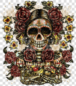 Lady Face Roses Flowers Day Of The Dead   Aztec Skulls Png  Transparent Png