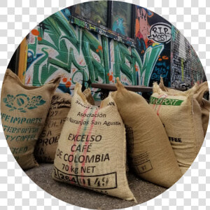 Image Of Large Burlap Sacks Of Coffee In Front Of A   Label  HD Png Download