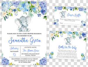 Blue Elephant Floral Baby Shower Invitation Pack   Baby Shower Invitations Writing Elephant  HD Png Download