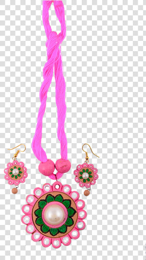 Terracotta Pink Necklace With Green Flower Pattern   Chain  HD Png Download