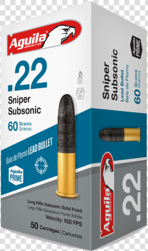 Aguila 22lr Ammunition Sniper Subsonic 60 Grain Lead   Aguila Sniper Subsonic  HD Png Download