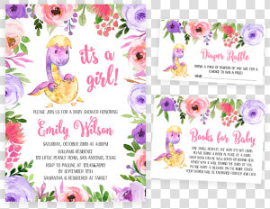 Purple And Pink Dinosaur Baby Shower Invitation Pack   Dinosaur Baby Shower Purple  HD Png Download