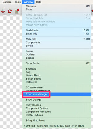 Open The Window Menu From The Sketchup Top Menu Bar    Extension Manager Sketchup 2015  HD Png Download