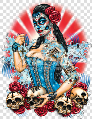 Day Of The Dead Pinup With Skulls And Roses   Day Of The Dead Pinup  HD Png Download