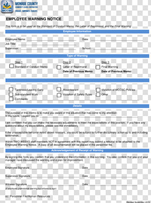 Warning Notice Com   Reprimand Form  HD Png Download