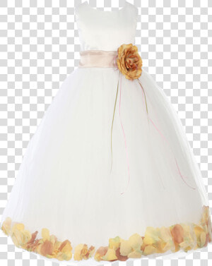 Champagne Satin  amp  Tulle Flower Petal Dress W Sash   Gown  HD Png Download