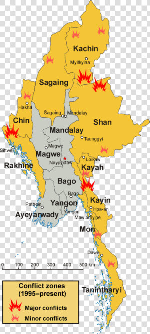 Conflict Zones In Myanmar   Map Of Myanmar  HD Png Download