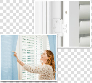 Woman Holding Curtain   Window Coverings Pic With Female  HD Png Download