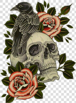  mq  crow  skull  skulls  roses   Skull With Flowers Tattoo  HD Png Download