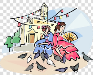 Vector Illustration Of Spanish Girls Feeding The Pigeon   Spanish Illustration Png  Transparent Png