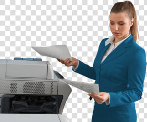 Business Woman Blue Coat Next To Office Printer   Output Device  HD Png Download