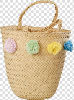 Natural Raffia Beach Bag With Pom Poms   Png Download  Transparent Png