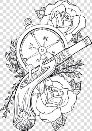 Roses And Pistol Pistol Drawing  Pistol Tattoos  Farmer   Coloring Pages For Adults Tattoo  HD Png Download