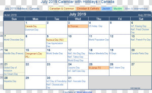 2019 July Calendar Canada Template   July 2019 Holiday Calendar  HD Png Download