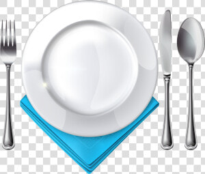 Plate Spoon Knife Fork And Blue Napkin Png Clipart   Plate Spoon And Fork  Transparent Png