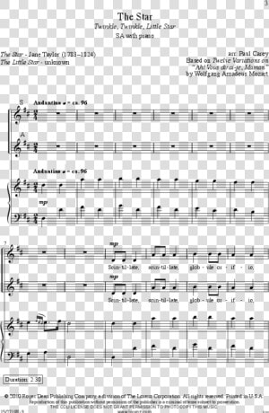 Mozart Twinkle Twinkle Little Star Sheet Music   Sheet Music  HD Png Download