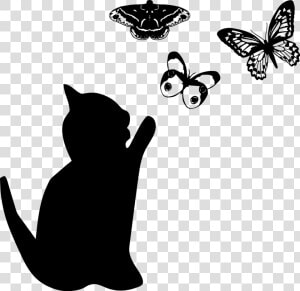 Cat And Butterflies  Cat Silhouette   Cats Silhouette Playing  HD Png Download