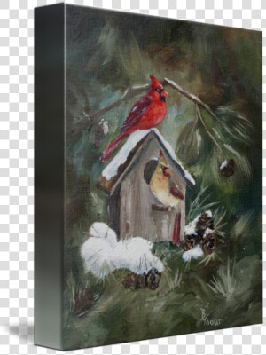 Cardinals On Snow Covered Birdhouse By Brenda Thour   Postal Navideña Con Cardenales  HD Png Download