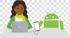 Student Coding An Android Phone  Sitting With An Android   Android Logo Coding  HD Png Download