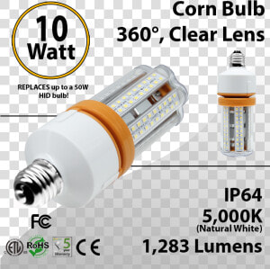 Led Corn Bulb 10 Watt 1283 Lm 5000k E26 Ip64 Etl Dlc   2 Ft Led Tube Light  HD Png Download