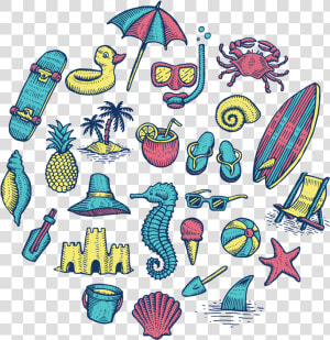 Beach Icons On  behance By Travis Pietsch   Beach Collage Drawing  HD Png Download