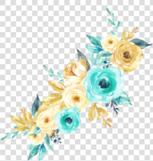  watercolor  flowers  mint  teal  turquoise  aqua  gold  HD Png Download