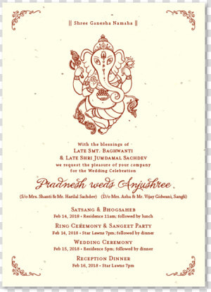 Indian Wedding Invitations On Seeded Paper With Ganesha   Wedding Followed By Lunch  HD Png Download