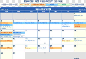 Free Download December 2018 Calendar With Holidays   Calendar 2018 Us Holiday December 2018  HD Png Download