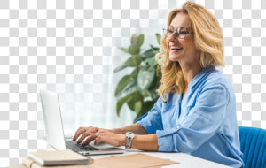 Happy Woman Working With A Laptop   Sitting  HD Png Download