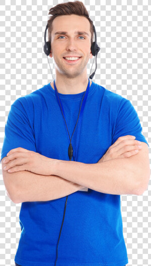 Young Man With Headset Phone On Standing With Arms   Multipurpose Health Workers Male  HD Png Download