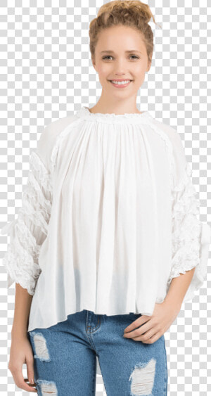 Women S High Low Gauze Top W ruffle High Neck  amp  Sleeve   Blouse  HD Png Download