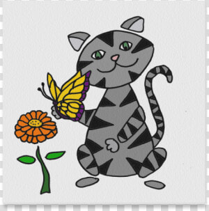 Funny Gray Tabby Cat With Butterfly Canvas Print 16   Cartoon  HD Png Download