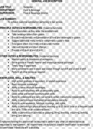 Parttime Bartender Job Description Main Image   Job Specification For A Position In A Food Establishment  HD Png Download