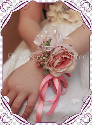 Flower Girl Wrist Corsage  Faux Flower Corsages And   Wedding Bouquet Flower Girl Pink Purple  HD Png Download